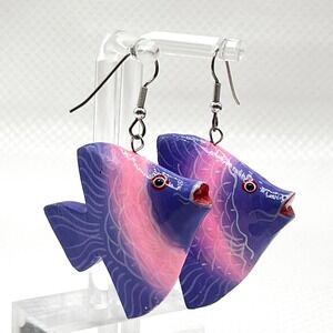 Vintage Retro Hand-Painted Purple and Pink Balinese Wood Fish Dangle Earrings